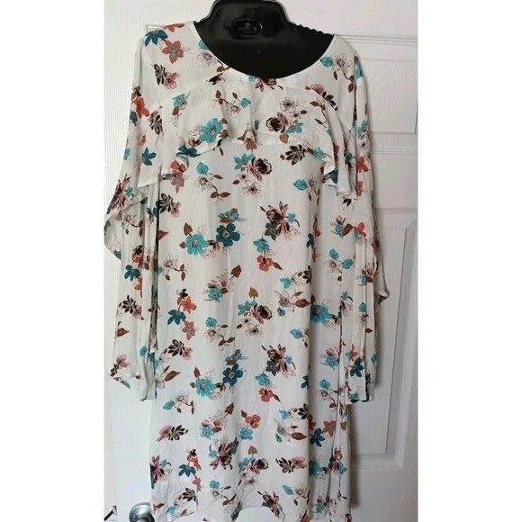 Stevie Hender Floral Dress Sz Medium Ruffled Bell Sleeve Knee Length Lagenlook - Picture 9 of 9